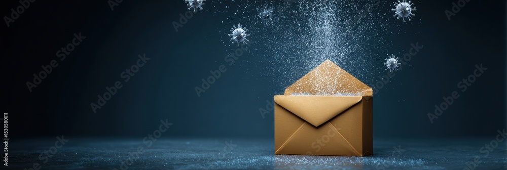 Poster phishing bait presented as an email gift box with virus mist spilling out in a dark setting