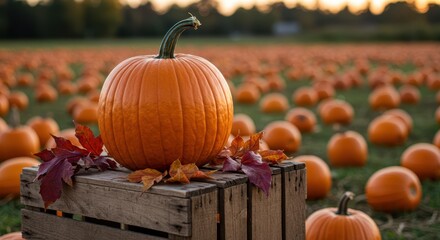 Vibrant Pumpkin Surrounded by Fallen Leaves on Rustic Crate in Vast Pumpkin Patch Under Soft Golden Sunset Glow Ideal for Autumn Harvest Themes