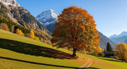 A scenic view of autumn landscape with mountains, trees, and a house under a clear blue sky day