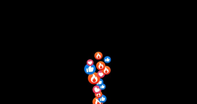 Animated likes fountain. Social media stream reactions. Follower like support. Love emoji motion graphic. Live streaming in reaction template. Heart, like and fire emoticon. MOV Alpha Channel Overlay