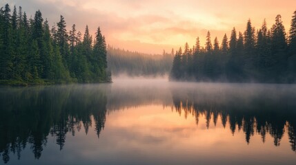 Fototapeta premium Serene Lake with Misty Reflections and Evergreen Forest at Dawn