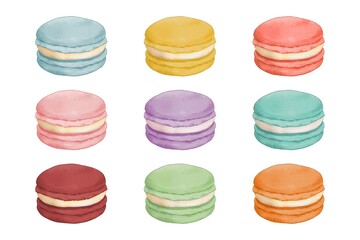 Watercolor of macaroons set on white background. Collection of isolated colorful macaron