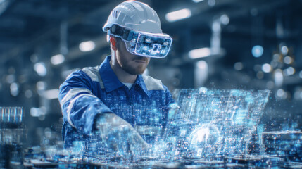 Engineer using augmented reality goggles to troubleshoot factory equipment