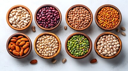 Assorted beans and nuts in bowls overhead view
