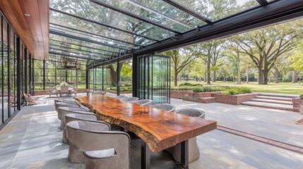 Naklejka premium Modern open-air dining area blending indoor and outdoor elements with a large live-edge wooden table and contemporary light gray upholstered chairs on a smooth stone-tiled floor. Glass ceiling panels 