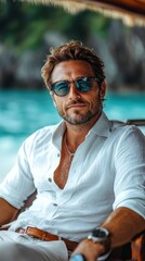 Fototapeta premium Stylish Young Man in Sunglasses Relaxing by the Tropical Sea, Summer Vibes and Leisure Lifestyle