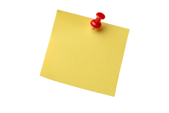 Yellow sticky note with red push pin for reminders and notes on black background office supply concept