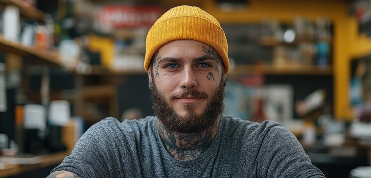 Confident Young Man with Beard and Tattoos Wearing Yellow Beanie in Cozy Urban Cafe