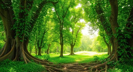 A vibrant forest scene with lush greenery, large trees, and a sunlit clearing in the background view