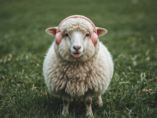 Obraz premium Sheep with Pink Headphones Enjoying Music, Funny Animal Image, Green Background.