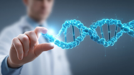 Doctor reviewing a floating DNA strand with interactive genetic markers