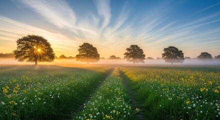 A scenic view of a field with trees and fog at sunrise creating a serene and peaceful atmosphere