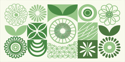 Geometric floral pattern with green hues featuring flowers leaves and circular designs in a retro style
