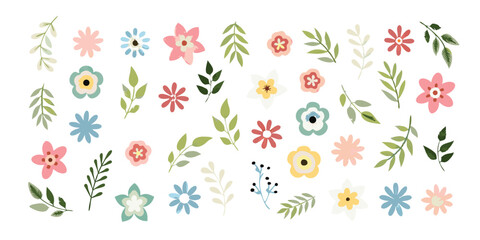 Assorted floral elements including pastel flowers and green leaves scattered on a white background scene