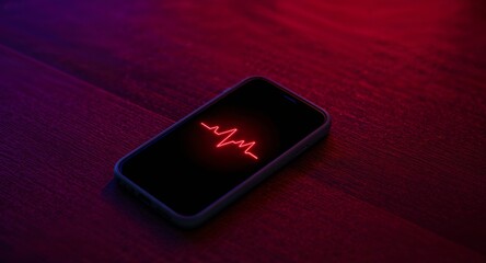 Smartphone with Heartbeat Display on Dark Wooden Surface, Neon Lighting Effect.