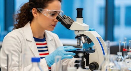 Woman in lab coat and safety glasses using a microscope in a laboratory setting with blue background