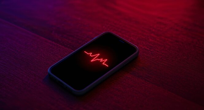 Smartphone with Heartbeat Display on Dark Wooden Surface, Neon Lighting Effect.