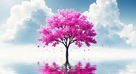 A pink cherry blossom tree reflected in water under a cloudy blue sky with falling petals around it