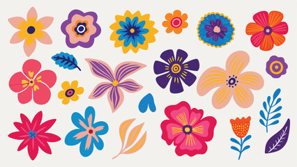 Collection of colorful hand drawn flowers and leaves on a white background in a flat design style