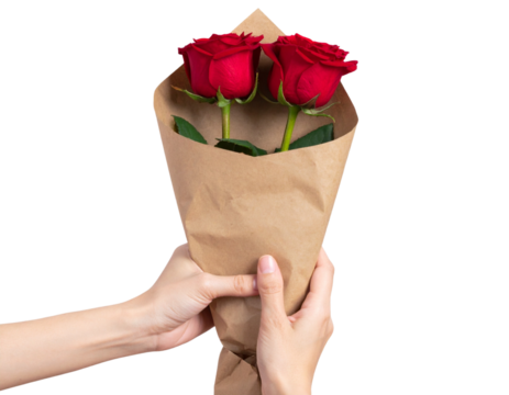 Hand Holding Red Rose Wrapped in Brown Paper, isolated on a transparent background.