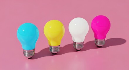 A row of four colorful light bulbs in blue, yellow, white, and pink on a light pink background