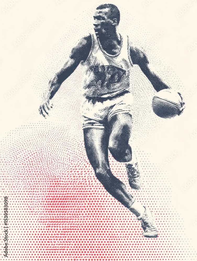 Aufkleber dynamic retro halftone print showcasing an mvp player dribbling a basketball in motion