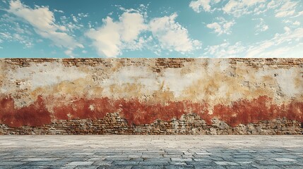 Brick wall in an urban setting with a cloudy sky