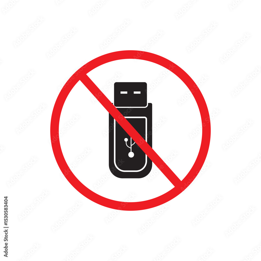 Poster no or stop. usb stick icon. computer memory component sign. data storage symbol. prohibited ban stop
