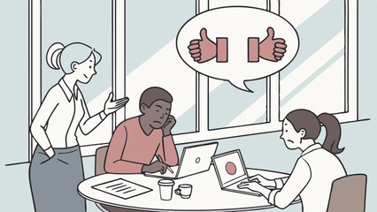 A supervisor oversees two employees working on laptops with thumbs up in a speech bubble near a window