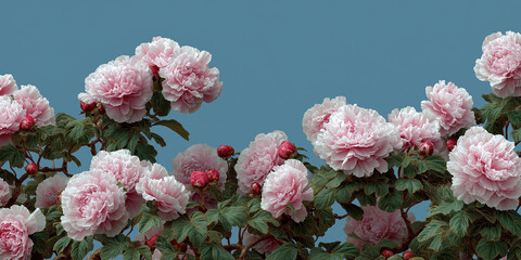Fototapeta premium Soft pastel blossoms cluster naturally along verdant stems against azure backdrop.