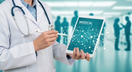 Doctor in white coat holding tablet displaying medical network with blurred people in background