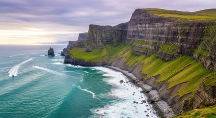 Aerial view of cliffs of moher with boats in the water and green grass on the cliffside landscape
