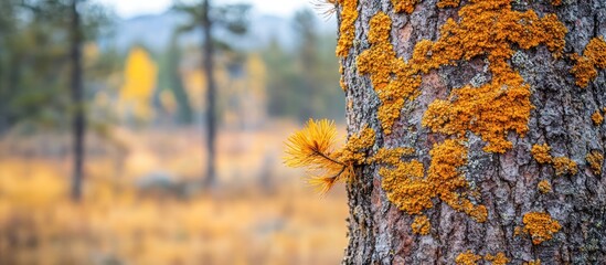 Autumnal bark embellished with textured lichen providing forestal intrigue