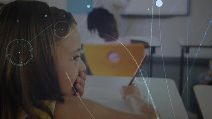 Blonde girl whispering secret to brunette in school, pencil writing fueling digital diagrams - Powered by Adobe