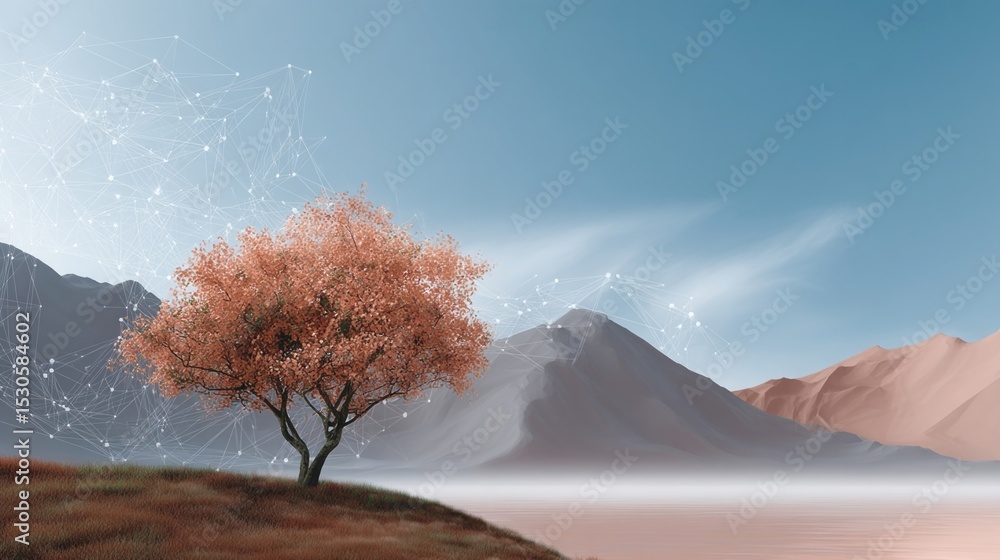 Poster a serene landscape featuring a digital tree whose branches represent various performance metrics and
