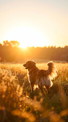 Dog Wagging Tail in Golden Hour Light with Soft Motion Effects