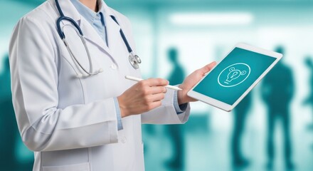 Doctor in white coat holding tablet with lightbulb icon in hospital hallway with blurred figures