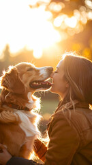 Happy Emotional Moment with Pet Licking Owner’s Face in Sunlight