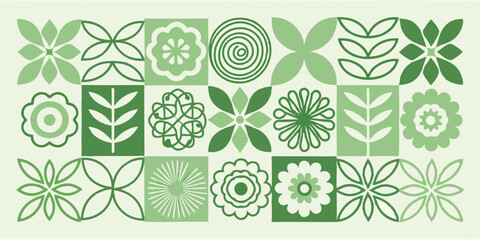 Geometric floral pattern with green hues in square tiles arranged in a rectangular format design element