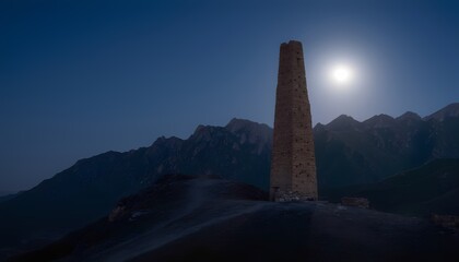 Ancient brick tower on hill under moonlit night sky