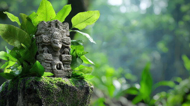 Mystical creature statue surrounded by lush green leaves in hidden temple, evoking sense of ancient mystery and nature beauty