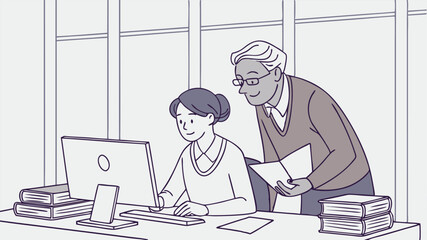 Woman working on computer with supervisor looking over her shoulder in office environment setting scene