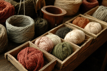 Hand-spun yarn neatly organized in wooden trays at a craft fair showcasing artisanal textiles