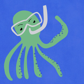 Illustration of playful octopus wearing diving goggles and snorkel