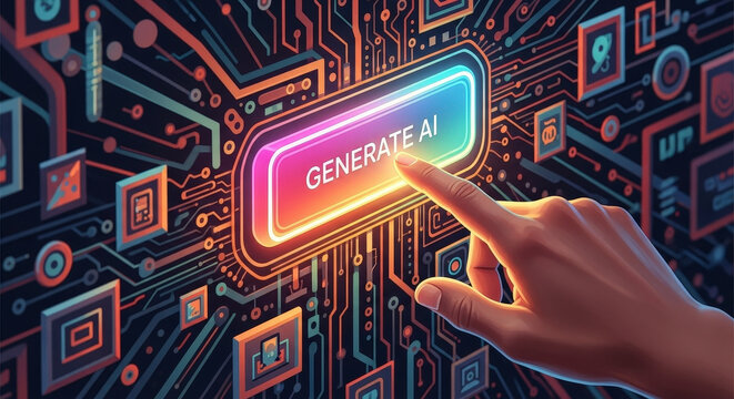Hand Touching Generate AI Button On Illuminated Circuit Board Interface In Futuristic Digital Composition