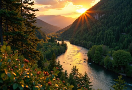 Scenic sunset over a river flowing through lush green mountains and forested landscape