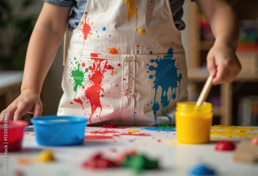 Poster child painting with colorful splashes on an apron and table