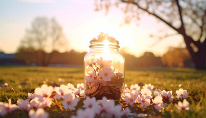 Beautiful Pastel Savings Jar with Delicate Flowers at Sunset