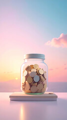 Peaceful Photography of a Money Jar on a Cozy Shelf at Sunset