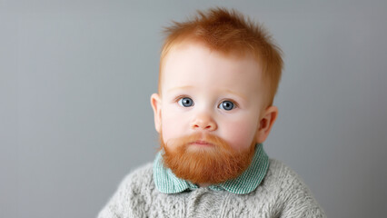 Bizarre redhead baby boy or toddler with full red beard posing for funny portrait